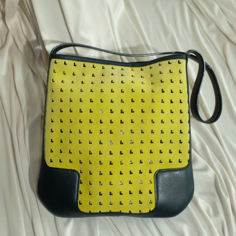 Loewe Suede Perforated Shoulder Bag - Yellow, Black Leather Trim
